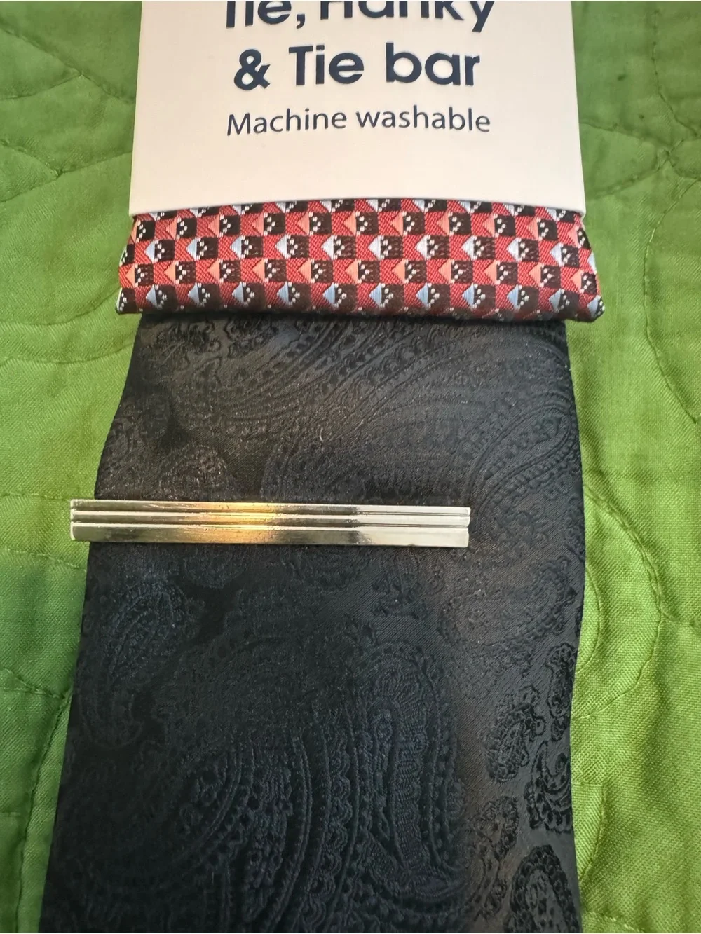The Tie Bar Black Paisley Tie & Red Geometric Hanky Set with Silver Tie Bar